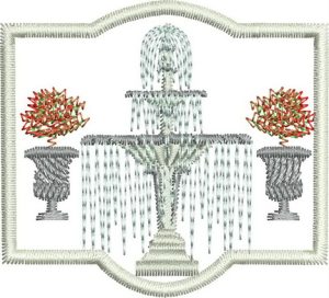 Four Seasons Autumn, machine embroidery designs, garden, pots, flowers, trees, floral, pergoda, water feature, flowers in pots, fall, bird, artistic, decorative, cushion, pillow, clothing, shirt