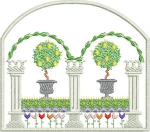 Four Seasons Spring, machine embroidery designs, gardens, floral, flowers, artistic, decorative, patterns, lemon tree, topairy, pots, leaf, arch, columns, pretty, delicate, cushion, homewares