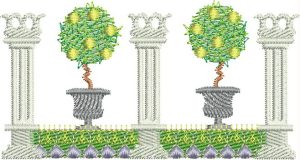 Four Seasons Spring, machine embroidery designs, gardens, floral, flowers, artistic, decorative, patterns, lemon tree, topairy, pots, leaf, arch, columns, pretty, delicate, cushion, homewares