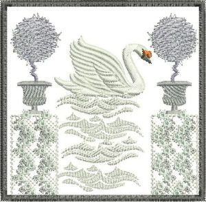 Four Seasons Winter, machine embroidery designs, snow, ice, white, swan, topiary, plant, decorative, creative, artistic, fence, gate, winter tree, street lamp, ocean, river, water, clothing, scarf, cushion, homewares