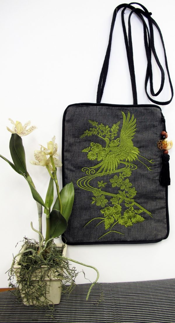 Hiroto, machine embroidery designs, birds, asian inspired, blossoms, flowers, crane, floral, oriental, japanese, bag, handbag, wall hanging