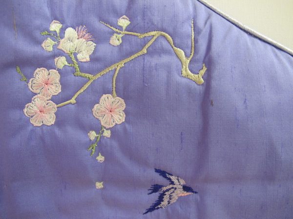 Kyoto Garden, machine embroidery designs, floral, flowers, branches, blossoms, birds, hankerchief, cushion, coat hanger, dust cover, blouse, clothing, delicate, pretty