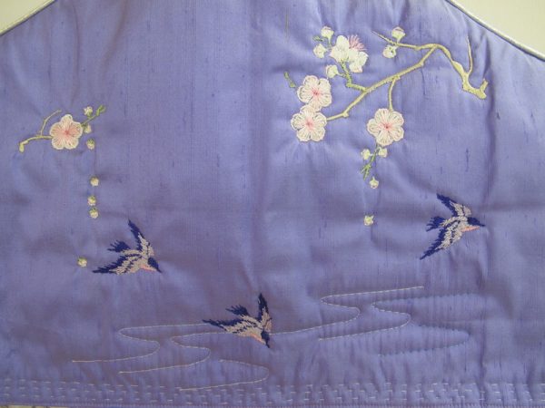 Kyoto Garden, machine embroidery designs, floral, flowers, branches, blossoms, birds, hankerchief, cushion, coat hanger, dust cover, blouse, clothing, delicate, pretty