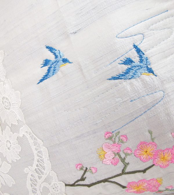 Kyoto Garden, machine embroidery designs, floral, flowers, branches, blossoms, birds, hankerchief, cushion, coat hanger, dust cover, blouse, clothing, delicate, pretty