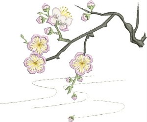 Kyoto Garden, machine embroidery designs, floral, flowers, branches, blossoms, birds, hankerchief, cushion, coat hanger, dust cover, blouse, clothing, delicate, pretty