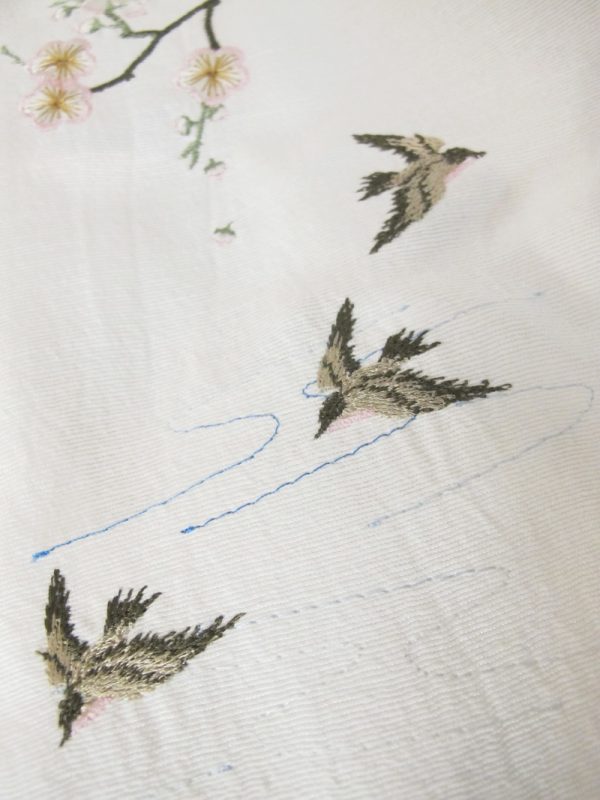 Kyoto Garden, machine embroidery designs, floral, flowers, branches, blossoms, birds, hankerchief, cushion, coat hanger, dust cover, blouse, clothing, delicate, pretty