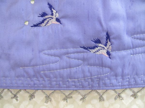 Kyoto Garden, machine embroidery designs, floral, flowers, branches, blossoms, birds, hankerchief, cushion, coat hanger, dust cover, blouse, clothing, delicate, pretty