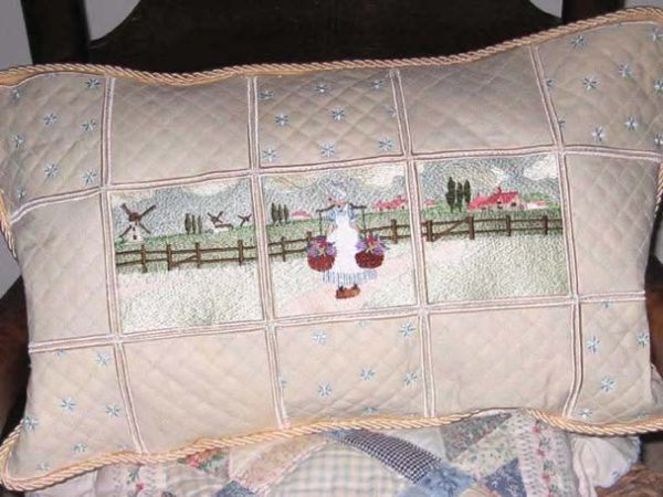 Bring to market, machine embroidery designs, cushion, quilt, farm, windmill, fence, flowers, farm house, flowers, floral