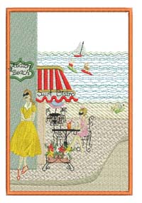 Endless Summer, machine embroidery designs, ladies, beach, sea, surf, surf boards, sail boat, restaurant, beach houses, sand, sand toys, kite, birds, palm tree, scooter, ice cream, umbrella, beach chair, vintage car, bag, handbag