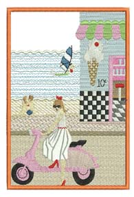 Endless Summer, machine embroidery designs, ladies, beach, sea, surf, surf boards, sail boat, restaurant, beach houses, sand, sand toys, kite, birds, palm tree, scooter, ice cream, umbrella, beach chair, vintage car, bag, handbag