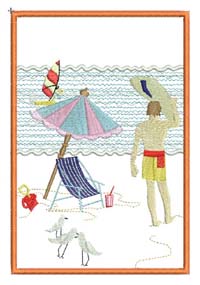 Endless Summer, machine embroidery designs, ladies, beach, sea, surf, surf boards, sail boat, restaurant, beach houses, sand, sand toys, kite, birds, palm tree, scooter, ice cream, umbrella, beach chair, vintage car, bag, handbag