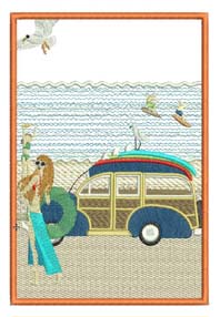 Endless Summer, machine embroidery designs, ladies, beach, sea, surf, surf boards, sail boat, restaurant, beach houses, sand, sand toys, kite, birds, palm tree, scooter, ice cream, umbrella, beach chair, vintage car, bag, handbag