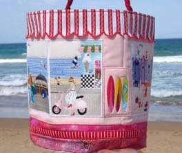 Endless Summer, machine embroidery designs, ladies, beach, sea, surf, surf boards, sail boat, restaurant, beach houses, sand, sand toys, kite, birds, palm tree, scooter, ice cream, umbrella, beach chair, vintage car, bag, handbag