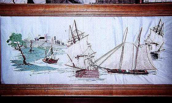 Maritime, machine embroidery designs, yacht, ship. sailing boat, boat, compass, antique, vintage, trees, water, river, wooden boat, wall hanging