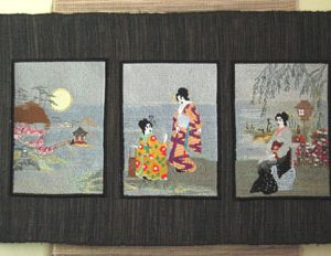 Misty Morning, machine embroidery designs, japanese, asian inspired, oriental, kimono, ladies, geisha, trees, blossoms, flowers, bonsai, lantern, picture frame, wall hanging