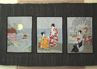 Misty Morning, machine embroidery designs, japanese, asian inspired, oriental, kimono, ladies, geisha, trees, blossoms, flowers, bonsai, lantern, picture frame, wall hanging