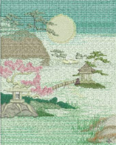 Misty Morning, machine embroidery designs, japanese, asian inspired, oriental, kimono, ladies, geisha, trees, blossoms, flowers, bonsai, lantern, picture frame, wall hanging