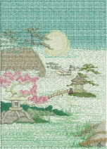 Misty Morning, machine embroidery designs, japanese, asian inspired, oriental, kimono, ladies, geisha, trees, blossoms, flowers, bonsai, lantern, picture frame, wall hanging