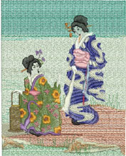 Misty Morning, machine embroidery designs, japanese, asian inspired, oriental, kimono, ladies, geisha, trees, blossoms, flowers, bonsai, lantern, picture frame, wall hanging