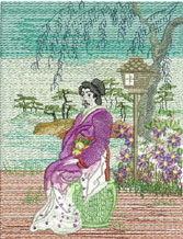 Misty Morning, machine embroidery designs, japanese, asian inspired, oriental, kimono, ladies, geisha, trees, blossoms, flowers, bonsai, lantern, picture frame, wall hanging