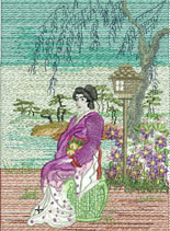 Misty Morning, machine embroidery designs, japanese, asian inspired, oriental, kimono, ladies, geisha, trees, blossoms, flowers, bonsai, lantern, picture frame, wall hanging