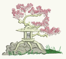 Misty Morning, machine embroidery designs, japanese, asian inspired, oriental, kimono, ladies, geisha, trees, blossoms, flowers, bonsai, lantern, picture frame, wall hanging