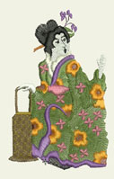 Misty Morning, machine embroidery designs, japanese, asian inspired, oriental, kimono, ladies, geisha, trees, blossoms, flowers, bonsai, lantern, picture frame, wall hanging