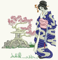 Misty Morning, machine embroidery designs, japanese, asian inspired, oriental, kimono, ladies, geisha, trees, blossoms, flowers, bonsai, lantern, picture frame, wall hanging