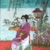 Misty Morning, machine embroidery designs, japanese, asian inspired, oriental, kimono, ladies, geisha, trees, blossoms, flowers, bonsai, lantern, picture frame, wall hanging