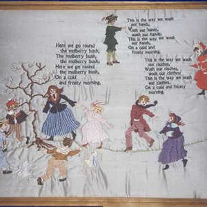 Mulberry Bush, machine embroidery designs, fairy, violin, trumpet, boy, dancing, sailor outfit, artistic, vintage, tree, nursery rhyme, ladies, women, here we go round the mulberry bush, wall hanging, childrens, wall hanging, home decor, homewares, cute, pretty, fun