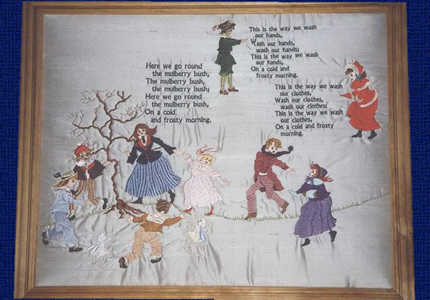 Mulberry Bush, machine embroidery designs, fairy, violin, trumpet, boy, dancing, sailor outfit, artistic, vintage, tree, nursery rhyme, ladies, women, here we go round the mulberry bush, wall hanging, childrens, wall hanging, home decor, homewares, cute, pretty, fun