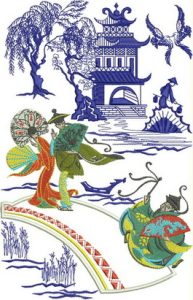 Modern Classic, machine embroidery designs, oriental, bridge, birds, trees, temple, artistic, decorative, patterns, love heart, bamboo, cushion, pillow, hand bag, clothing, top, shirt, pullover, place mat, homewares