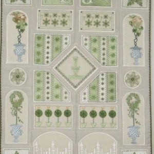 Up the Garden Path, machine embroidery designs, artistic, decorative, star, patterns, leaves, vines, fountain, water, topairy, bird, plant, picket fence, flowers, floral, pot plant, bird nest, patchwork, wall hanging, cushion, pillow, apron, clothing. homewares, home decor