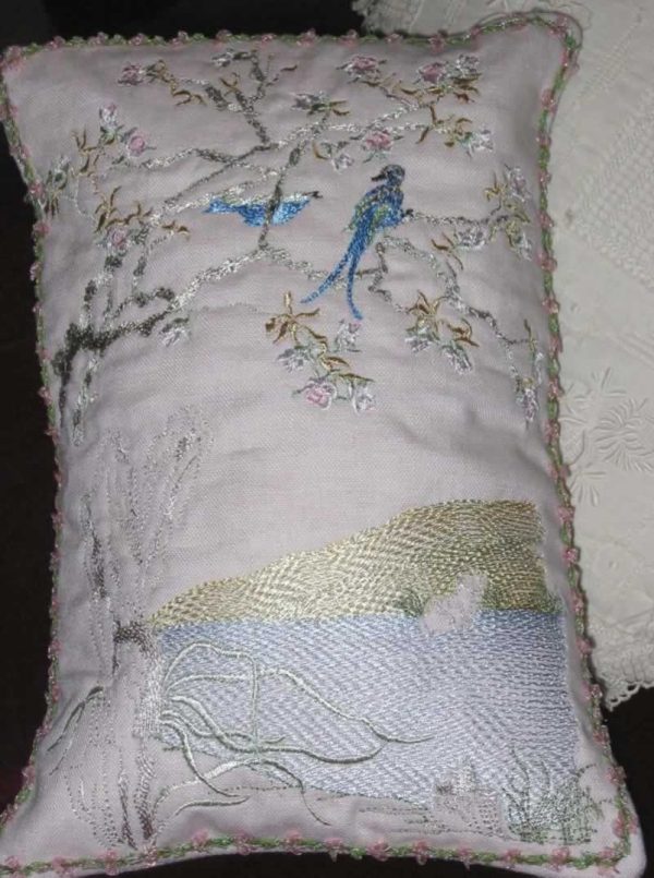 Summer Blooms, Machine Embroidery Designs, flowers, floral, branches, leaves, lake, river, water, pond, reeds, birds, peacock, artistic, decorative, blossoms, butterfly, rose, wisteria, wall hanging, picture frame, cushion, pillow, jacket, fashion, clothing, bag, handbag, table cloth, tissue box, homewares. home decor