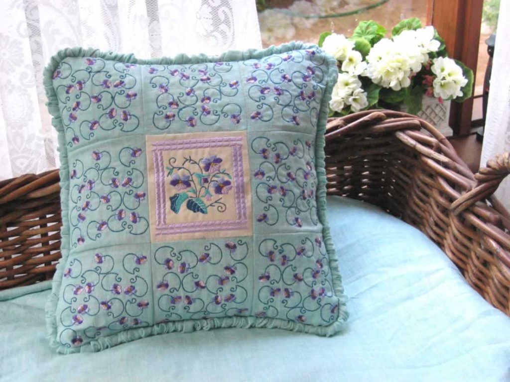 Pansy, machine embroidery designs, flowers, floral, decorative, artistic, cushion, pillow, homewares, beautiful, leaves, vines, decorative, artistic, border