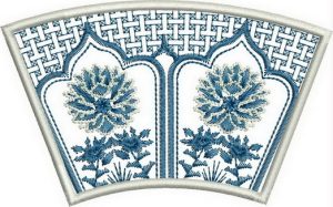 Reflections of Tradition, machine embroidery designs, floral, flowers, patchwork, pottery, pots, patterns, asian inspired, oriental, foot stool, bag, handbag, blue and white, pretty