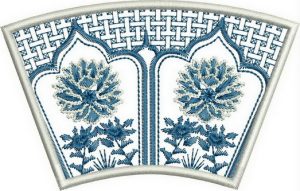 Reflections of Tradition, machine embroidery designs, floral, flowers, patchwork, pottery, pots, patterns, asian inspired, oriental, foot stool, bag, handbag, blue and white, pretty