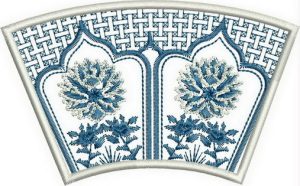 Reflections of Tradition, machine embroidery designs, floral, flowers, patchwork, pottery, pots, patterns, asian inspired, oriental, foot stool, bag, handbag, blue and white, pretty