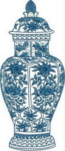 Reflections of Tradition, machine embroidery designs, floral, flowers, patchwork, pottery, pots, patterns, asian inspired, oriental, foot stool, bag, handbag, blue and white, pretty