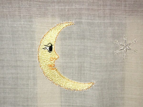 Rock a Bye Baby, machine embroidery designs, fairy, fairies, baby in cradle, moon, star, flowers, bouquet, floral, wand, blanket, shawl, bassinette