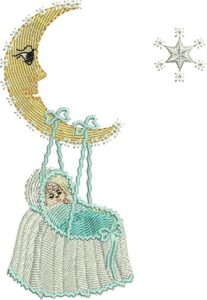 Rock a Bye Baby, machine embroidery designs, fairy, fairies, baby in cradle, moon, star, flowers, bouquet, floral, wand, blanket, shawl, bassinette