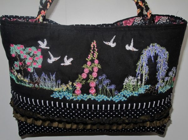 Rustic Charm, machine embroidery designs, house, cottage, garden, flowers, lemon tree, grass, apple tree, cat, wisteria, boquet, flower love heart, flower wreath, dove, bird, patterns, handbag, bag, clothing, top, fashion, cushion, pillow, quilt