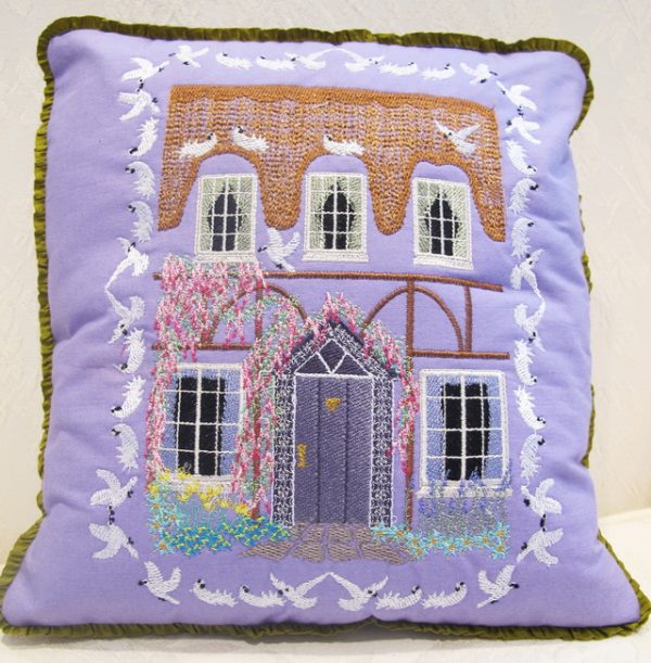 Rustic Charm, machine embroidery designs, house, cottage, garden, flowers, lemon tree, grass, apple tree, cat, wisteria, boquet, flower love heart, flower wreath, dove, bird, patterns, handbag, bag, clothing, top, fashion, cushion, pillow, quilt