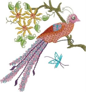 Spring Meditation, machine embroidery designs, peacock, bird, tree branch, oriental, asian inspired, patterns, artistic, butterflies, blossoms, flowers, chinese architecture, boat, temple, chinese, dragon, bag, handbag, cushion, pillow, patchwork, clothing, shirt,fashion, homewares