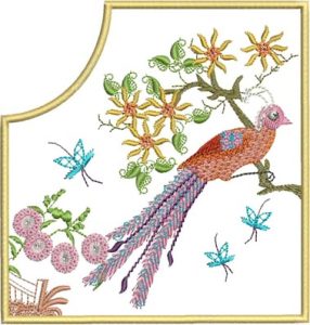 Spring Meditation, machine embroidery designs, peacock, bird, tree branch, oriental, asian inspired, patterns, artistic, butterflies, blossoms, flowers, chinese architecture, boat, temple, chinese, dragon, bag, handbag, cushion, pillow, patchwork, clothing, shirt,fashion, homewares