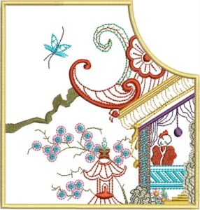 Spring Meditation, machine embroidery designs, peacock, bird, tree branch, oriental, asian inspired, patterns, artistic, butterflies, blossoms, flowers, chinese architecture, boat, temple, chinese, dragon, bag, handbag, cushion, pillow, patchwork, clothing, shirt,fashion, homewares