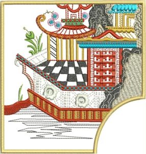 Spring Meditation, machine embroidery designs, peacock, bird, tree branch, oriental, asian inspired, patterns, artistic, butterflies, blossoms, flowers, chinese architecture, boat, temple, chinese, dragon, bag, handbag, cushion, pillow, patchwork, clothing, shirt,fashion, homewares