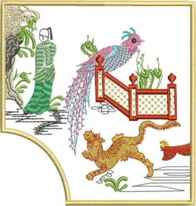 Spring Meditation, machine embroidery designs, peacock, bird, tree branch, oriental, asian inspired, patterns, artistic, butterflies, blossoms, flowers, chinese architecture, boat, temple, chinese, dragon, bag, handbag, cushion, pillow, patchwork, clothing, shirt,fashion, homewares