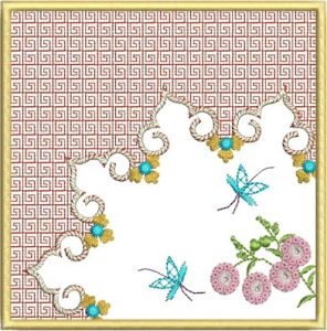 Spring Meditation, machine embroidery designs, peacock, bird, tree branch, oriental, asian inspired, patterns, artistic, butterflies, blossoms, flowers, chinese architecture, boat, temple, chinese, dragon, bag, handbag, cushion, pillow, patchwork, clothing, shirt,fashion, homewares