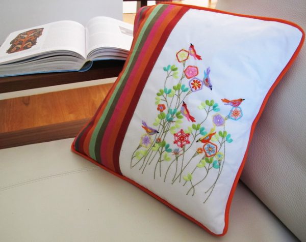 Summer Fresh, machine embroidery designs, flowers, floral, art deo style, birds, finches, colourful, leaves, stems, artistic, decorative, patterns. stars, cushion, pillow, notebook, book cover, pretty, scarf. fashion, clothing, homewares, home decor